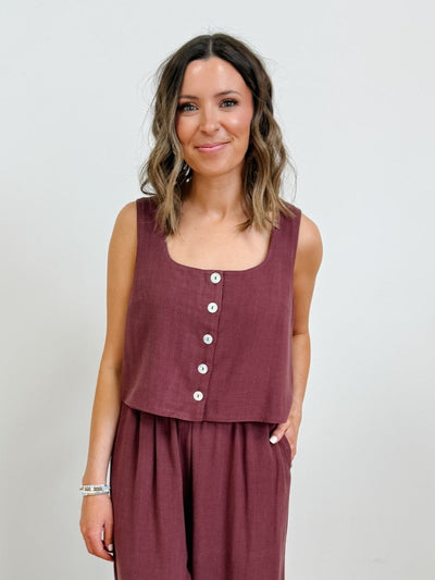 Sleeveless Button Up Linen Vest in Plum