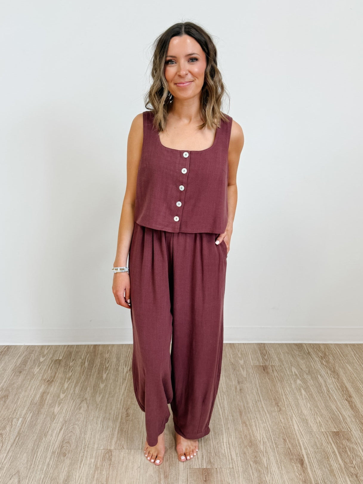 Cove Linen Wide Leg Full Length Pant in Plum