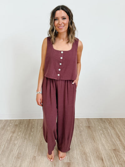 Sleeveless Button Up Linen Vest in Plum