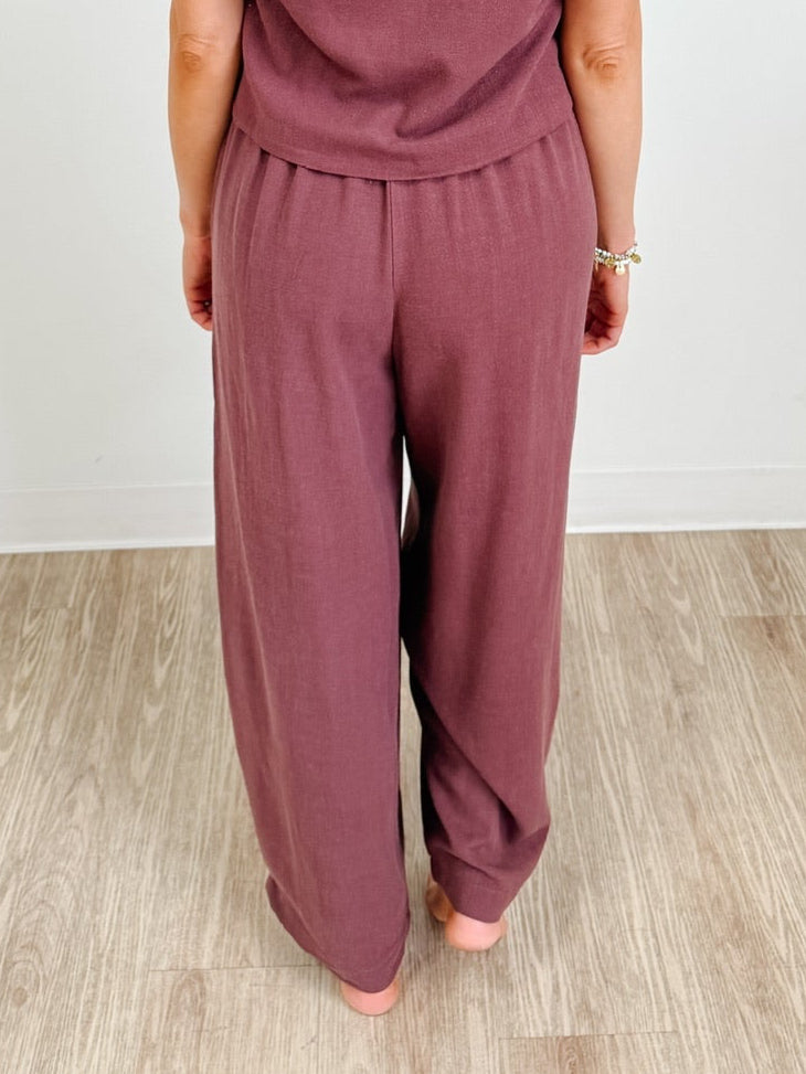 Cove Linen Wide Leg Full Length Pant in Plum