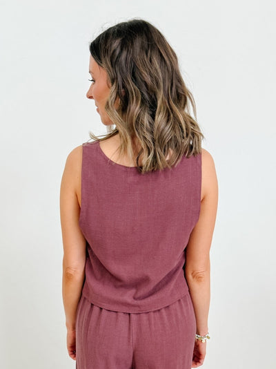 Sleeveless Button Up Linen Vest in Plum