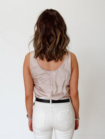 Satin Sleeveless Bias Cut Tank Top in Light Taupe