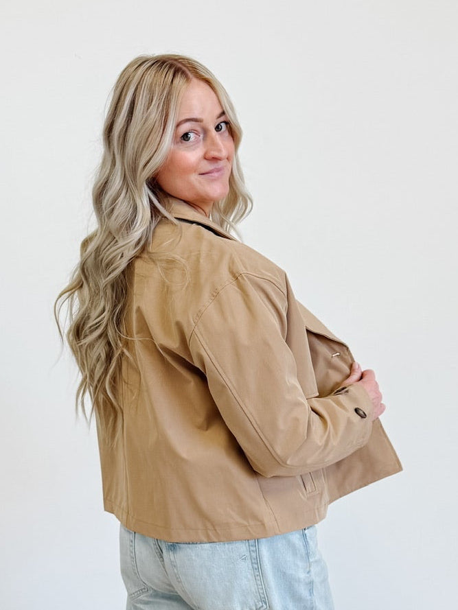 Double Breasted Short Trench Jacket in Sand Khaki