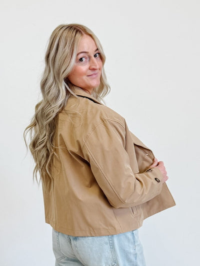Double Breasted Short Trench Jacket in Sand Khaki