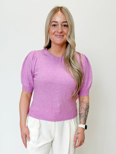 Melange Puff Short Sleeve Sweater in Mauve Pink