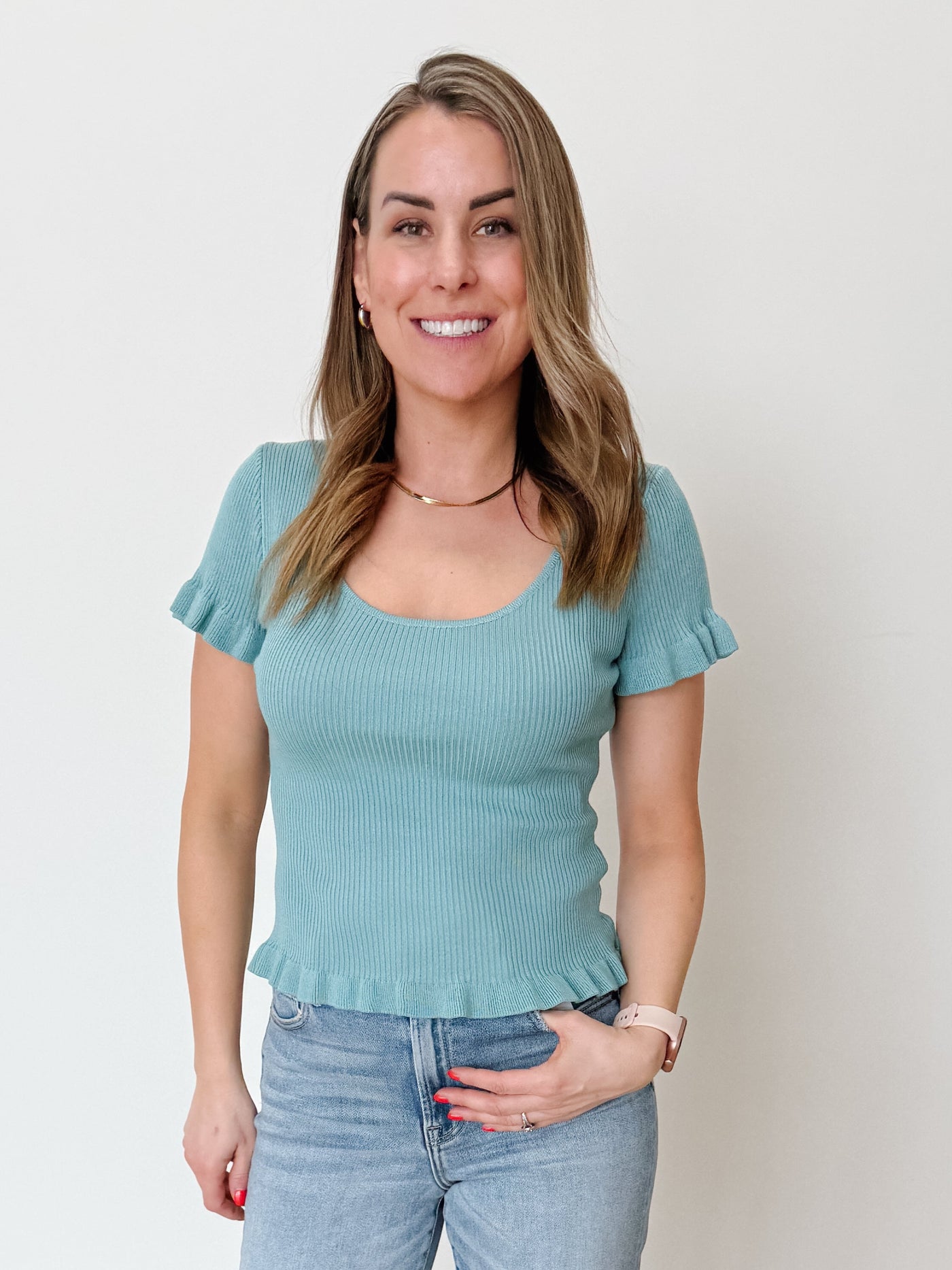 Lettuce Hem Short Sleeve Sweater Knit Top in Jade