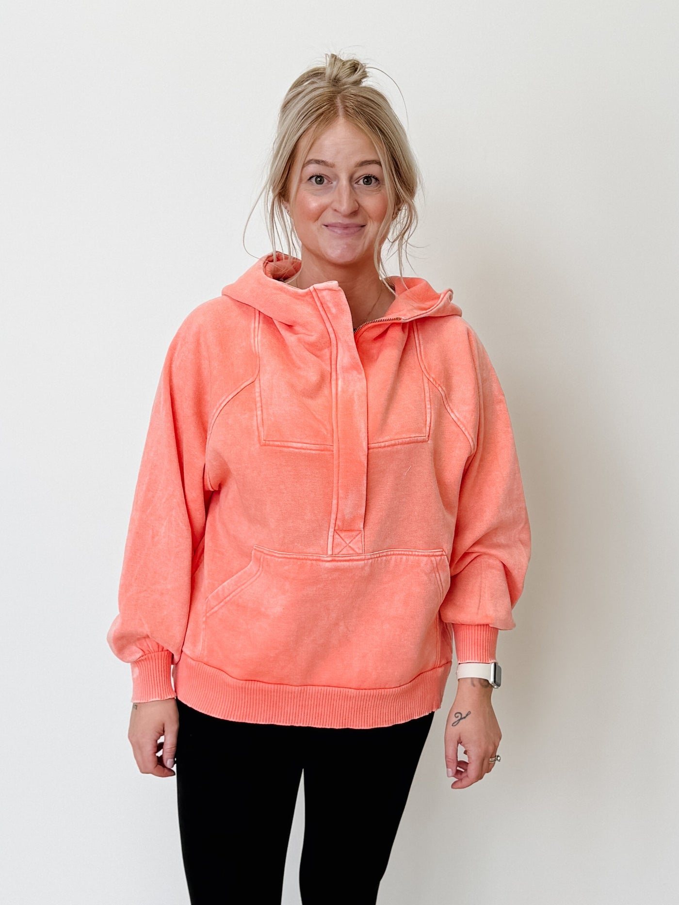 Acid Wash Fleece Oversized 1/4 Zip Kangaroo Hoodie in Coral