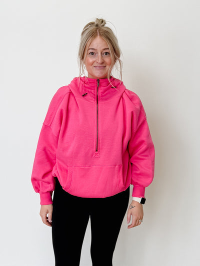 Fleece Elastic Hem Half Zip Kangaroo Pocket Hoodie in Fuchsia