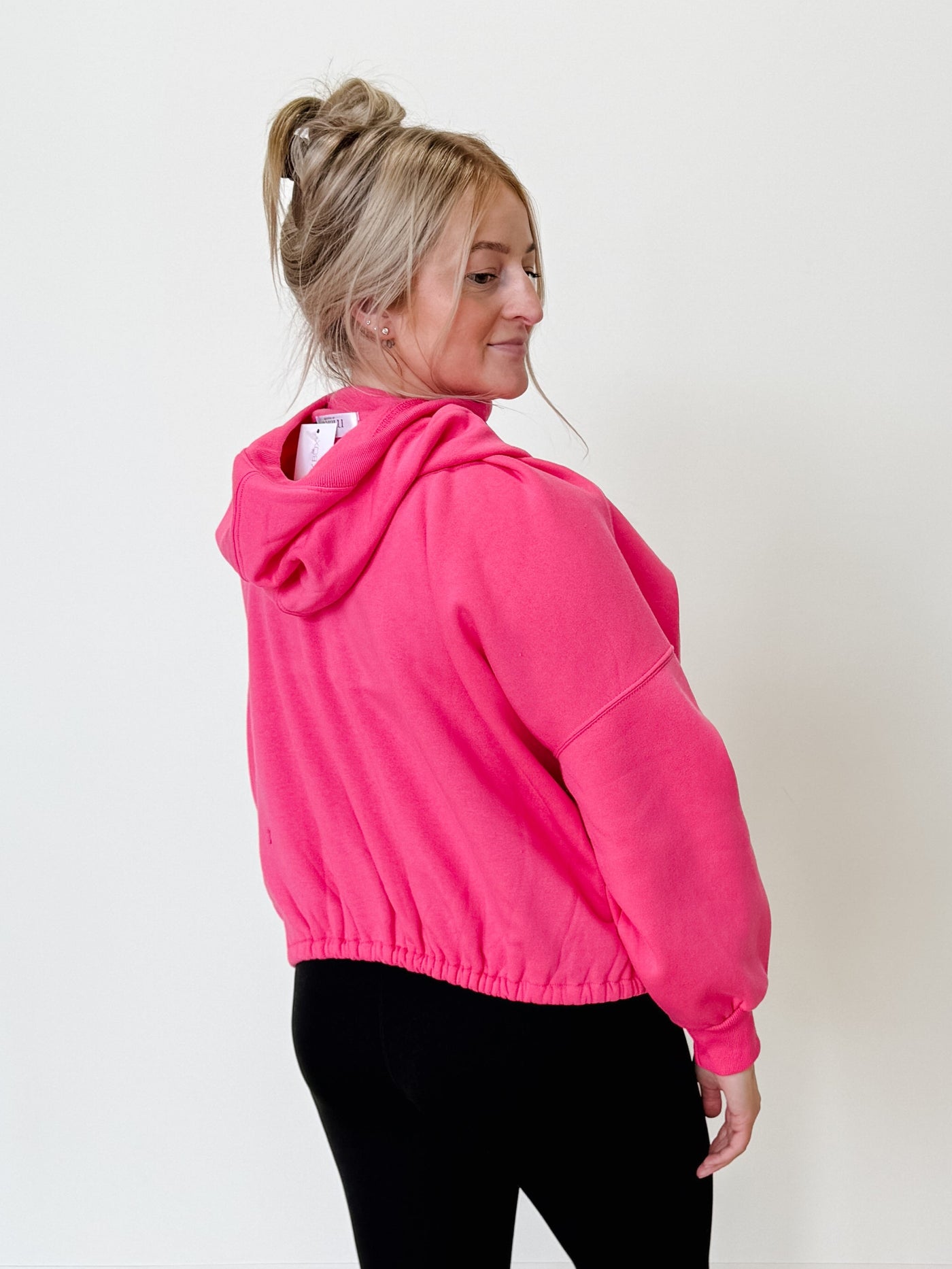 Fleece Elastic Hem Half Zip Kangaroo Pocket Hoodie in Fuchsia