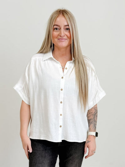 Linen Ruched Seam Cuffed Sleeve Button Down Top in Ivory