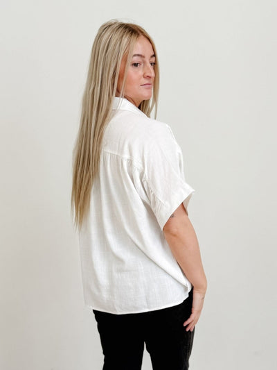 Linen Ruched Seam Cuffed Sleeve Button Down Top in Ivory