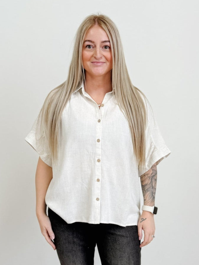 Linen Ruched Seam Cuffed Sleeve Button Down Top in Heather Beige