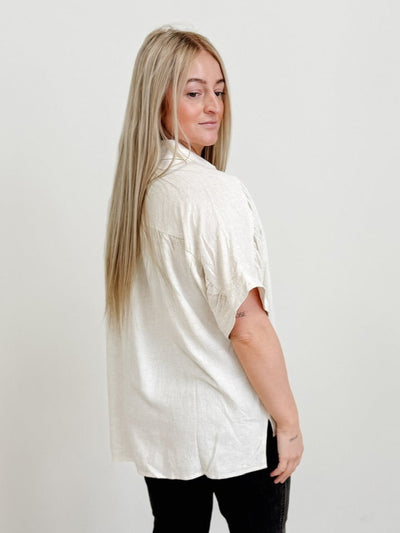 Linen Ruched Seam Cuffed Sleeve Button Down Top in Heather Beige