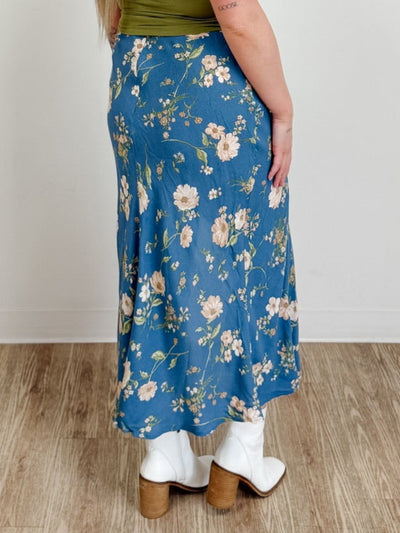 Floral High Waist Side Slit Bias Midi Skirt in Dusty Blue