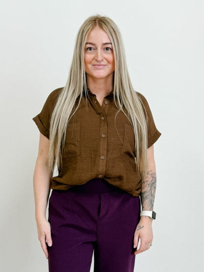 Rayon Folded Sleeve Button Down Top in Brown