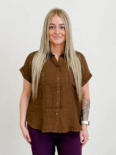 Rayon Folded Sleeve Button Down Top in Brown