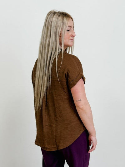 Rayon Folded Sleeve Button Down Top in Brown