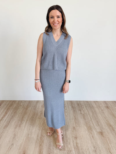V-Neck Knit Vest & Fitted Skirt Set in Dusty Blue