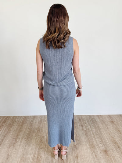V-Neck Knit Vest & Fitted Skirt Set in Dusty Blue