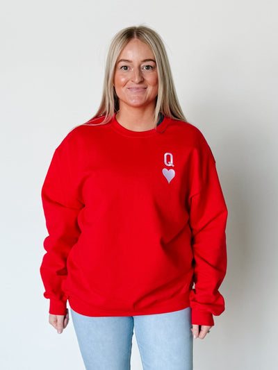 Q Heart Embroidered Classic Crew Neck Sweatshirt in Red