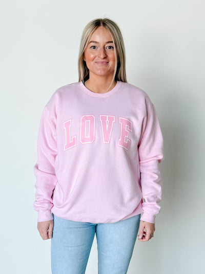 Love Varsity Cozy Crew Neck Sweatshirt in Light Pink