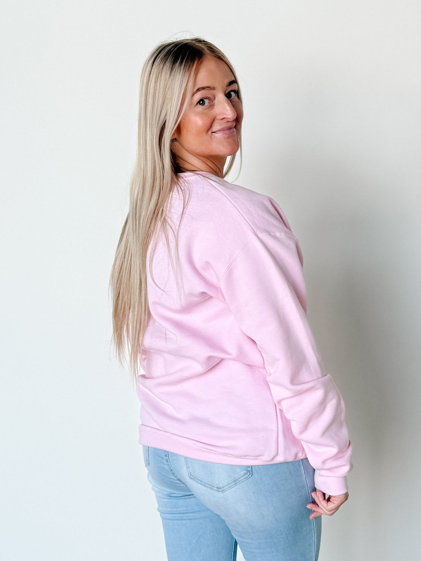 Love Varsity Cozy Crew Neck Sweatshirt in Light Pink