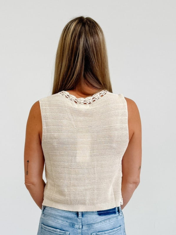 Crochet Trimmed Button Down Sweater Vest