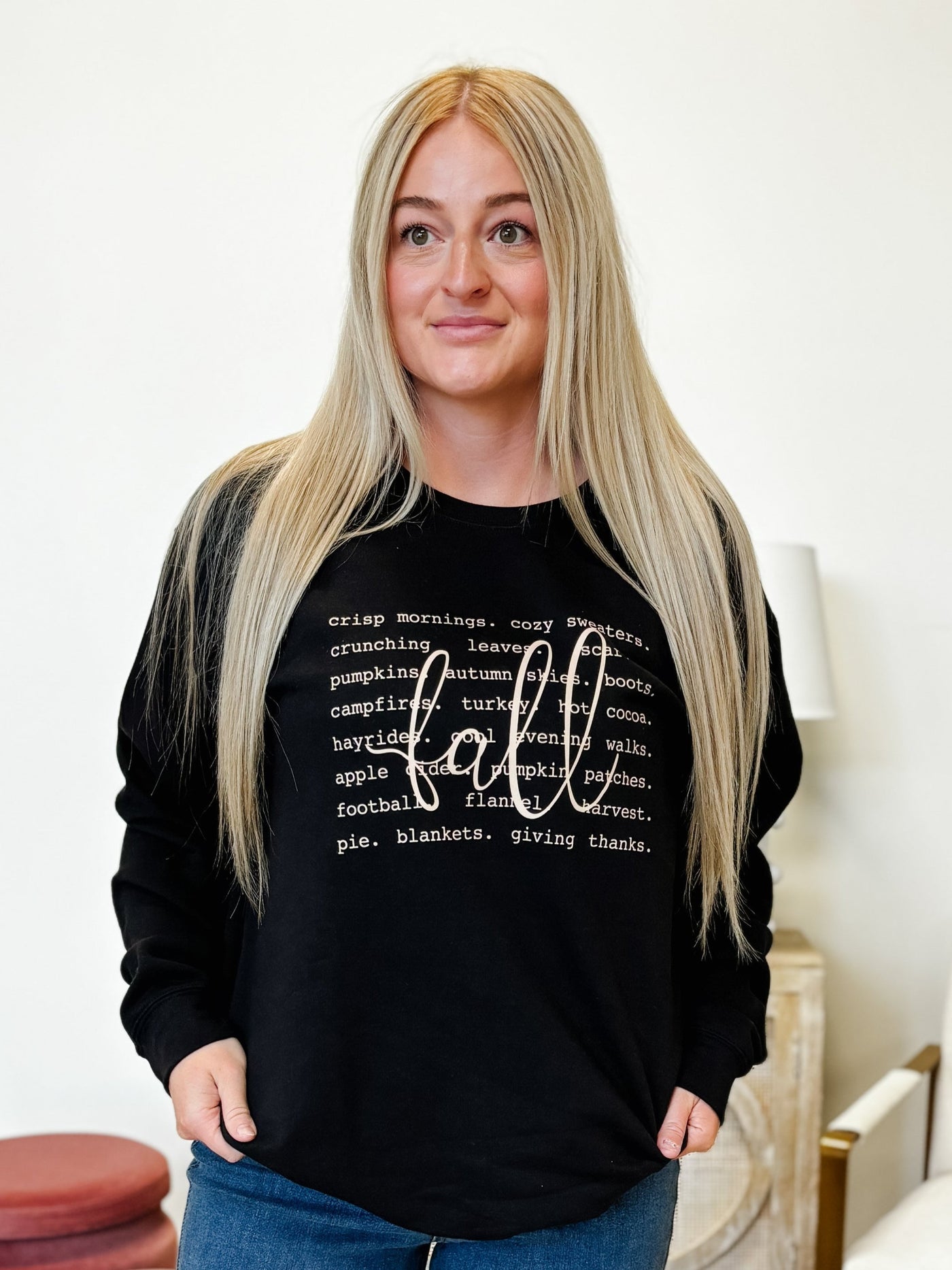 Fall Words Cozy Crew Neck Sweater in Black