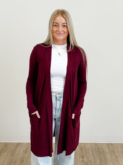 Slouchy Pocket Open Cardigan in Dark Burgundy