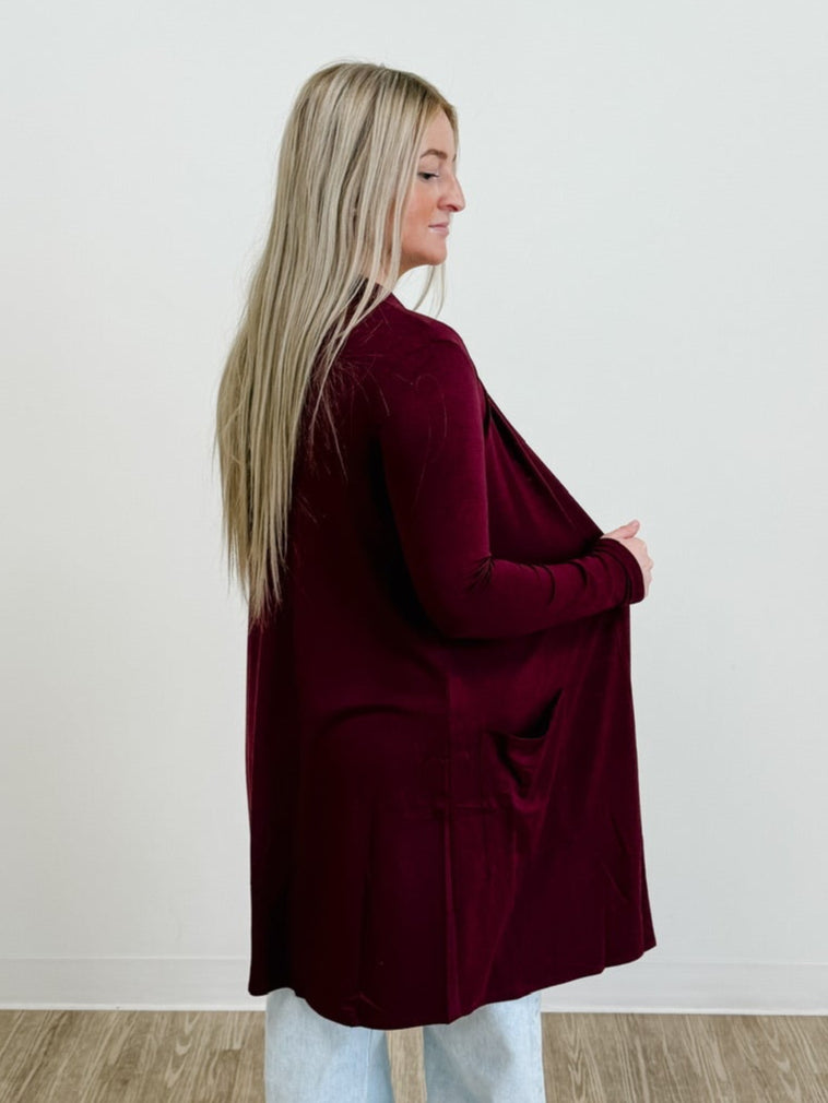 Slouchy Pocket Open Cardigan in Dark Burgundy