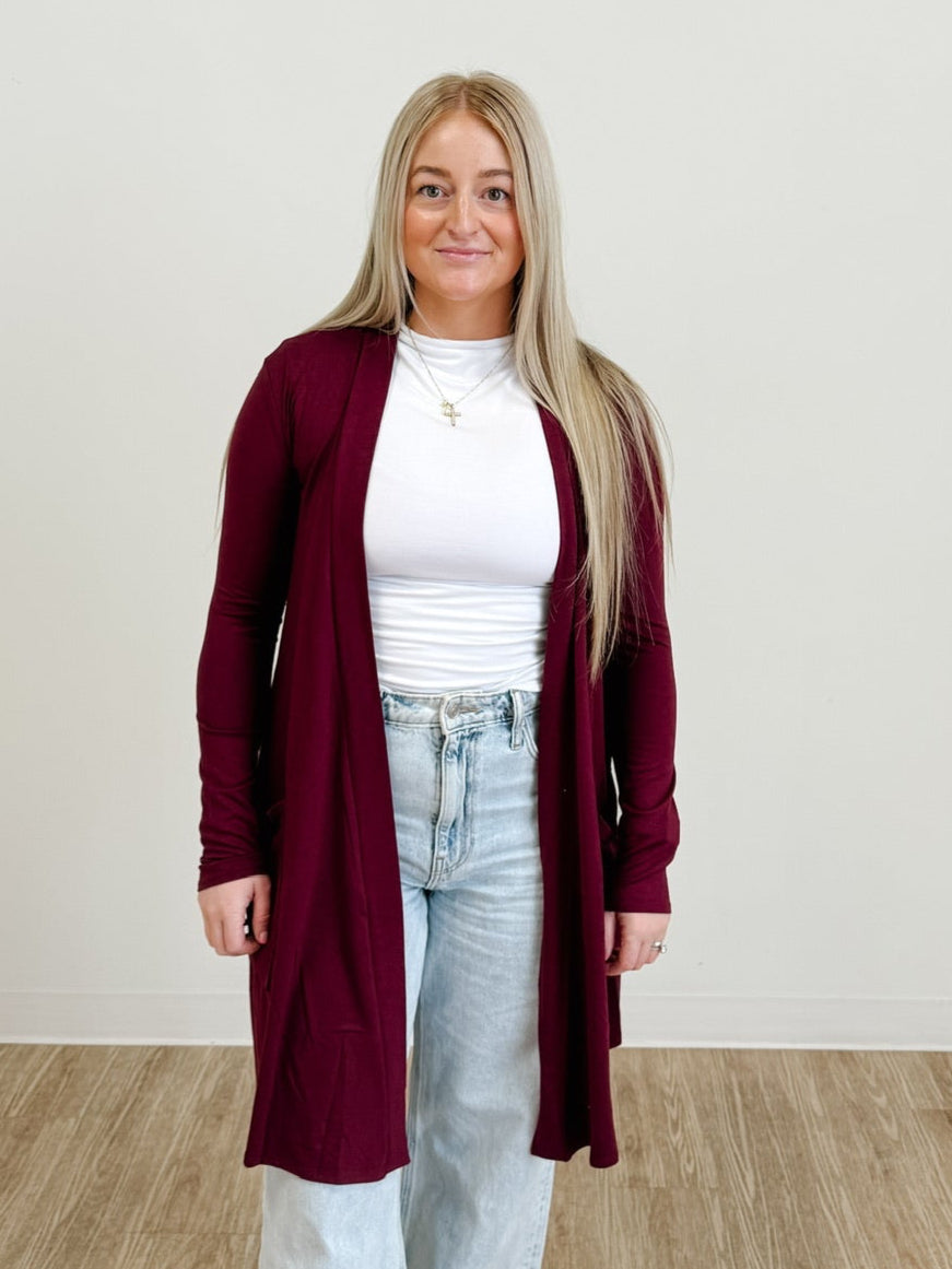 Slouchy Pocket Open Cardigan in Dark Burgundy