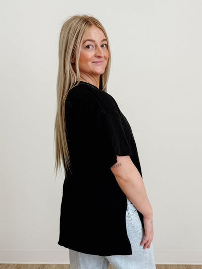 Raw Edge Hi-Low Hem Box Top in Black