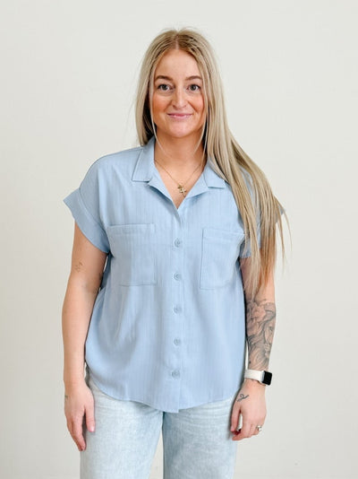 Short Fold Sleeve Button Down Shirt In Blue