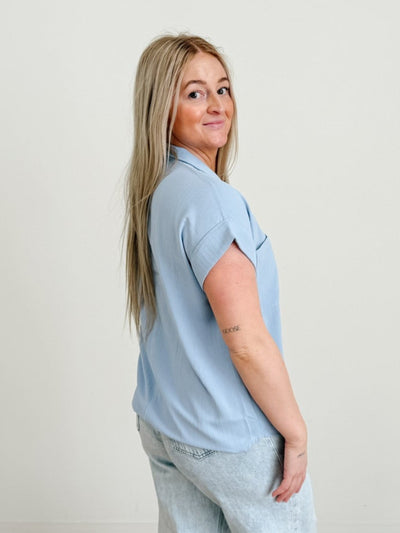 Short Fold Sleeve Button Down Shirt In Blue