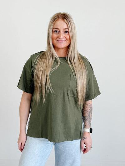 Raw Edge Hi-Low Hem Box Top in Light Olive