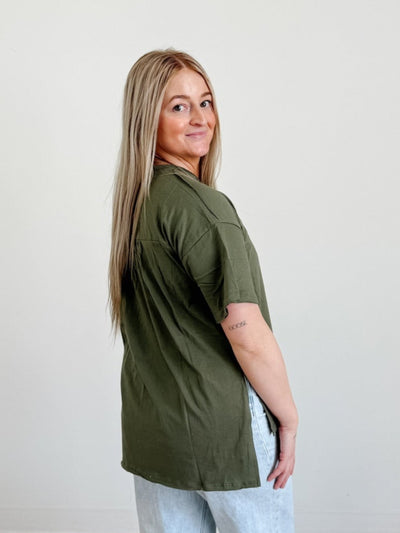 Raw Edge Hi-Low Hem Box Top in Light Olive