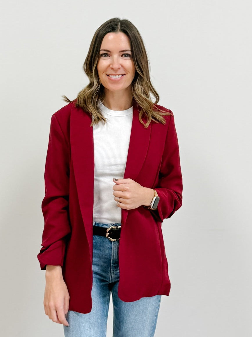 Open Front 3/4 Sleeve Classic Blazer in Burgundy