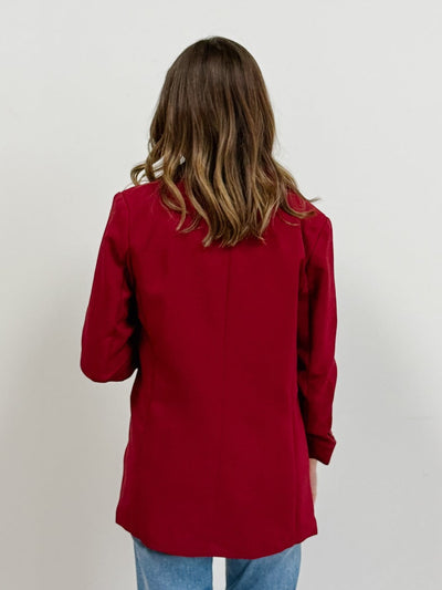 Open Front 3/4 Sleeve Classic Blazer in Burgundy