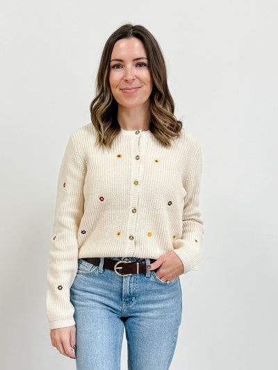 Daisy Embroidered Crew Neck Cardigan