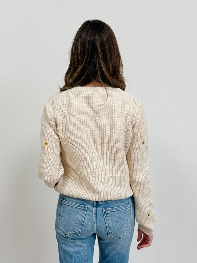 Daisy Embroidered Crew Neck Cardigan