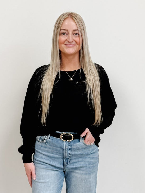 Front Seam Round Neck Sweater in Black