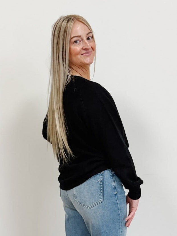 Front Seam Round Neck Sweater in Black