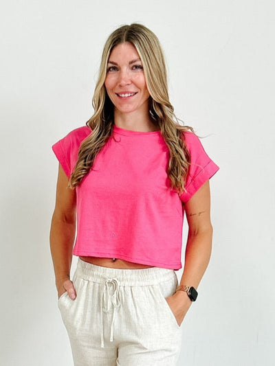 Cotton Folded Sleeve Top in Fuchsia