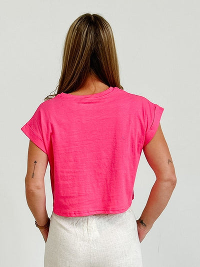 Cotton Folded Sleeve Top in Fuchsia