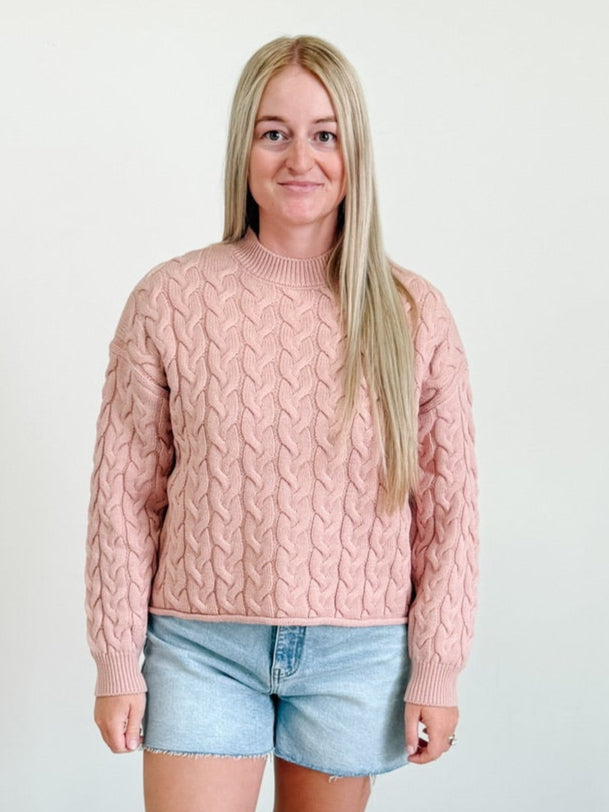 Vertical Cable Cotton Mix Sweater in Pink