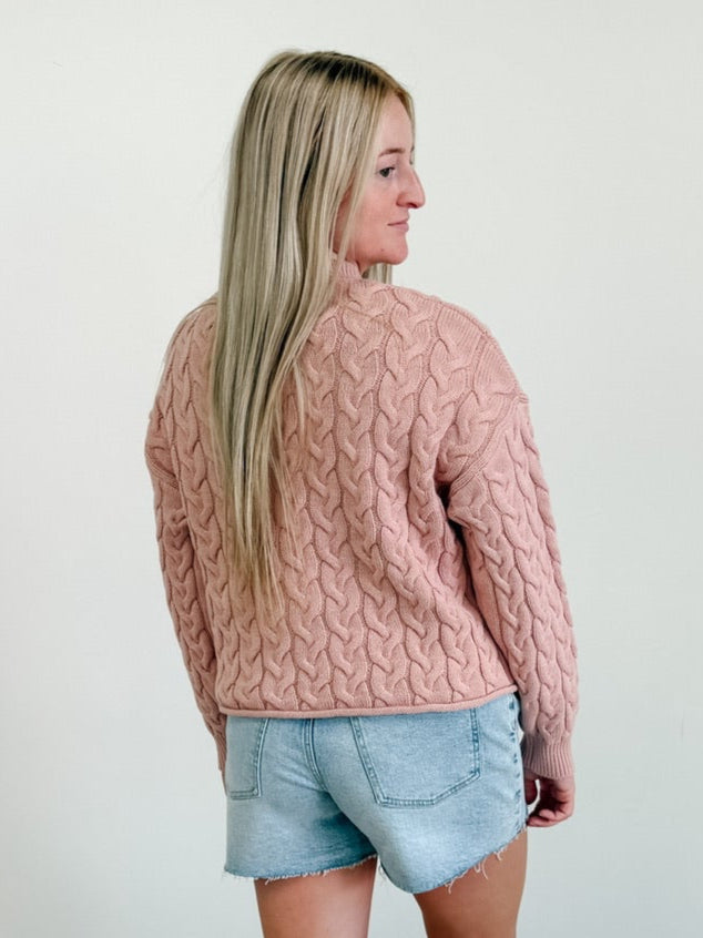 Vertical Cable Cotton Mix Sweater in Pink