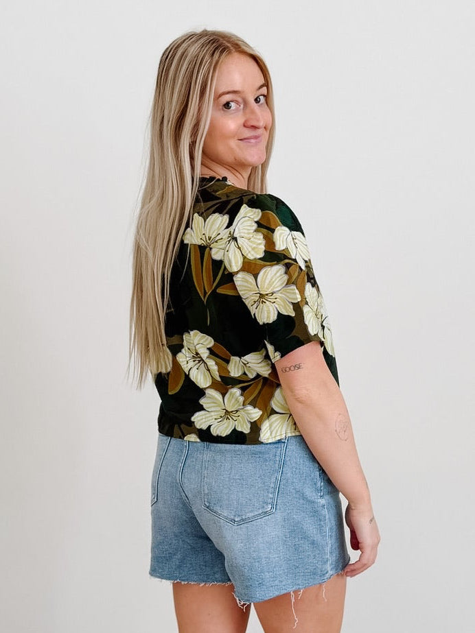 Button Front Ruffle Trim Blouse