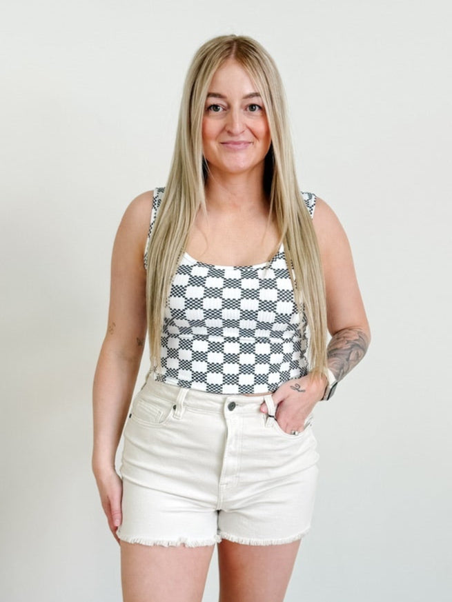 Checkered Print Slim Fit U Neck Cropped Tank Top