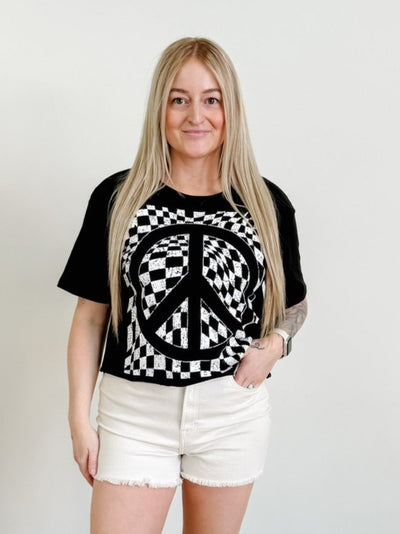 Checkered Peace Sign Printed Round Neck Tee