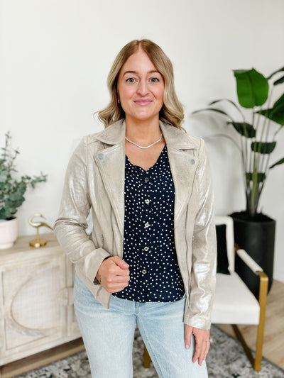 Charlie B Silver Foil Faux Leather Moto Jacket in Champagne